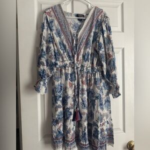 Angie Long Sleeve Floral Dress - Blue and White
